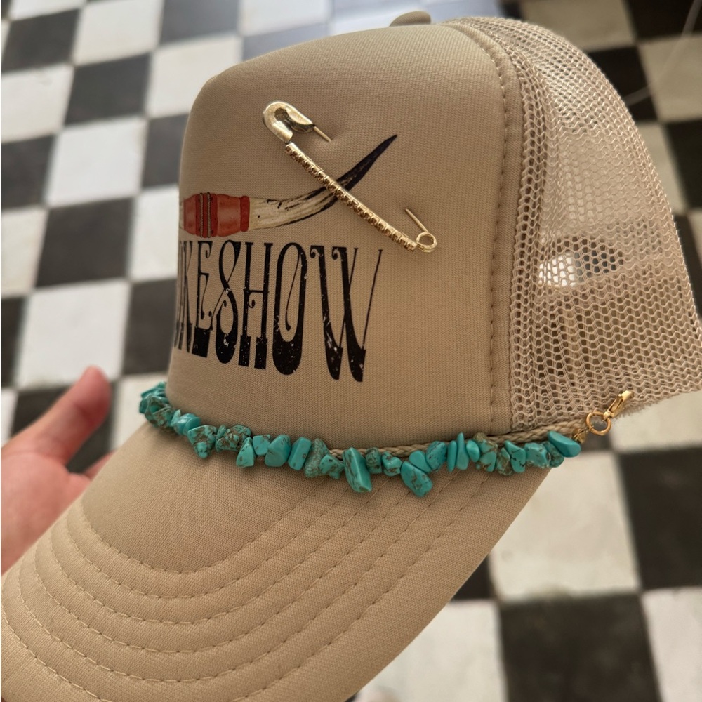 Tan 'Smokeshow' Trucker Hat with Turquoise Beads - Picture 3 of 3